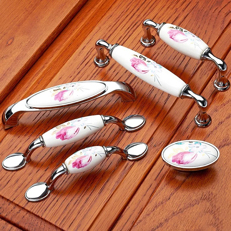 Vintage Furniture Hardware Pulls - チューリップセラミックドアハンドル、シルバー引き出しプル、ヴィンテージフラワーキャビネット、キッチンキャビネットハンドルとノブ、家具ハードウェア